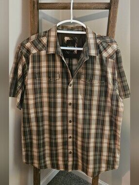PrAna Plaid Short-Sleeve Casual Button-Up Shirt in Green & Tan